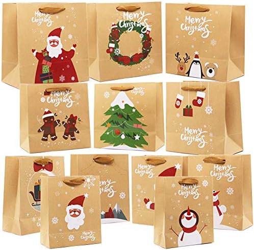 Lulu Home 24 бр. Коледни Подаръци крафт торби с Дръжки, Крафт-Пакети с Различни Коледни Мотиви, Коледни Подаръчни Пакети