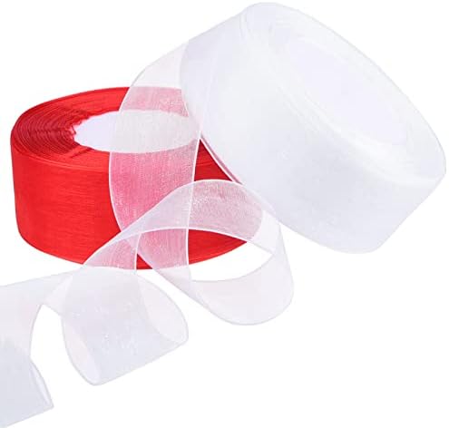Hapeper 2 на Руло 1-1 / 2 Инчови Прозрачни ленти от органза и Шифон, Лента За подарък опаковки, Окото лента (Червено, бяло)