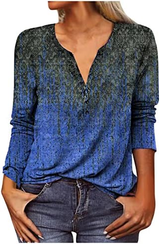 Дамски Ежедневни Блузи с дълъг Ръкав, Приталенные Ризи Хенли Копчета С V-образно деколте, Етнически Графичен Топ, Пуловер Размер