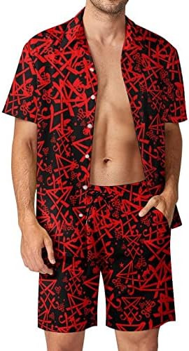 Мъжки плажни дрехи WEEDKEYCAT Окултни Sigil of Lucifer, Хавайска риза с копчета с Къс ръкав и къси Панталони, Комплекти от