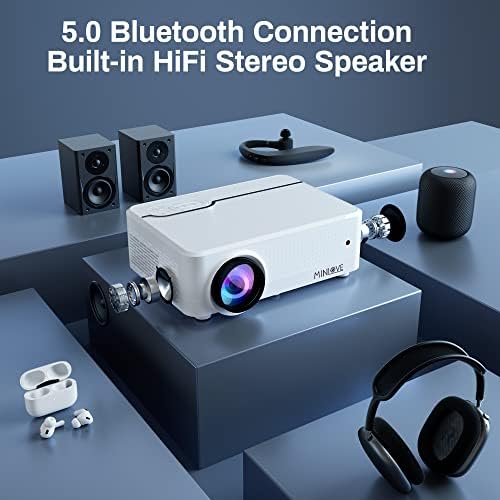 5G WiFi, Bluetooth Проектор, MINLOVE Собствен Проектор за домашно кино 1080P със 100-инчов екран, 450-инчов дисплей, видео