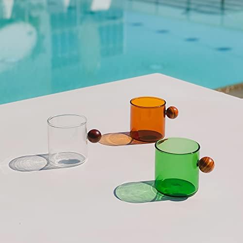 Комплект кутии от 2 Кехлибар стъклени чаши с дървена дръжка за топли и студени напитки, чаши от borosilicate цветно стъкло