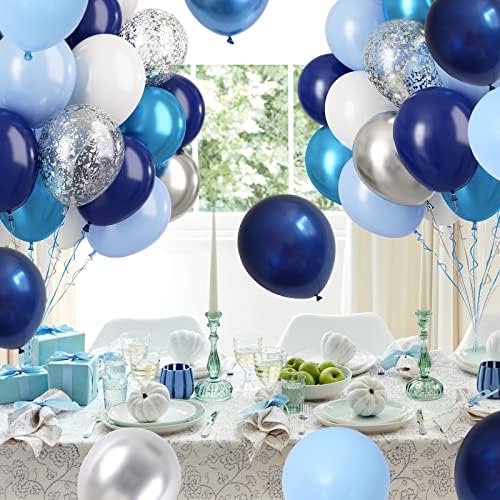 Тъмно Синьо Комплект Сребърни Балони, 60 БР Синьо-Сребристо-Бели Балони, Метални Сини Сребърни Балони с Конфети, Тестени
