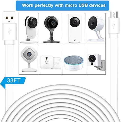SIOCEN 2 бр 33 фута USB-удължител за Yi Camera, Wyze Cam, Oculus Go, Echo Dot Kid Edition, Nest Cam, Netvue, Blink, Furbo Dog, Kasa Cam, YI Dome Домашна камера за Сигурност Плосък кабел за зареждане чрез Micro USB