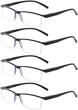 ALWAYSUV 4 Опаковки Очила за четене за мъже, Сини Светозащищенные Компютърни Очила, Черни Очила с Прозрачни Лещи в Полурамке