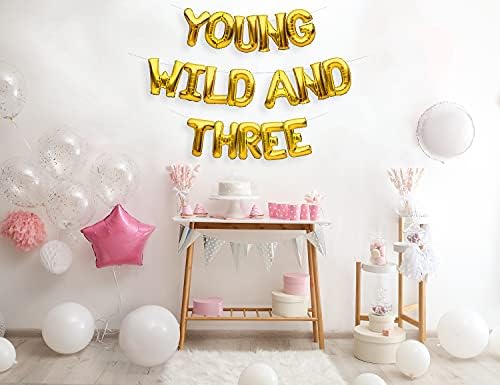 PartyForever Young Wild И Банер с Три Балони, Златна Тематичен Знак за Декорация на партита в 3-ти Рожден Ден