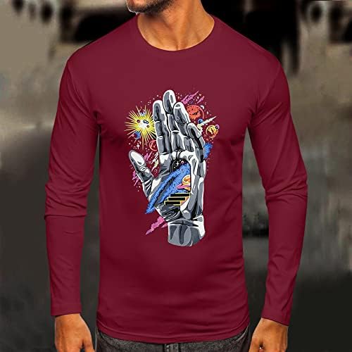 XXBR Мъжки ризи с дълъг ръкав, приталенная тениска със забавна космическа графичен принтом, Върхове с кръгло деколте, Спортни