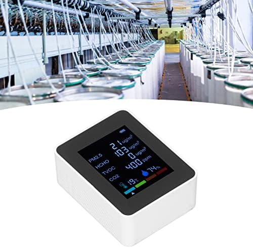 Мониторинг на качеството на въздуха с въглероден диоксид CO2, ФПЧ2.5 Детектор TVOC HCHO, Температурен Тестер с USB зареждане, за многократна употреба 6 в 1 (Бял)