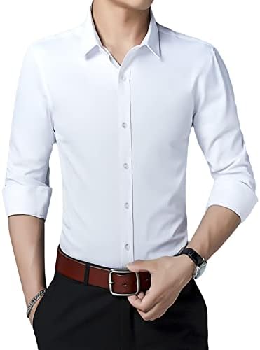 Стилни Ризи с дълъг ръкав за мъже, Обикновена Леки Фини Ризи, Класически Бизнес Риза с копчета (Бели, 7X-Large)