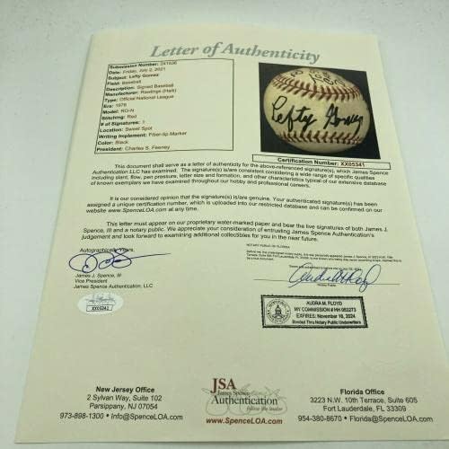 Левти Гомес подписа Първия Щурм на терена, Използвани бейзболни топки Carl Hubbell Day JSA - MLB С Автограф, Използвани