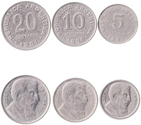 3 Монети от Аржентина | Колекция от Аржентински монети от 5 10 20 Centavos | В обращение 1951-1953 | Jose de San Martín
