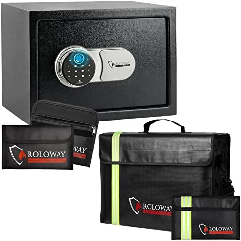 Сейф с биометрични данни пръстови отпечатъци ROLOWAY с Огнеупорными Торби за Пари и Големи Огнеупорни чанта с Светоотражающей ивица (Черен)