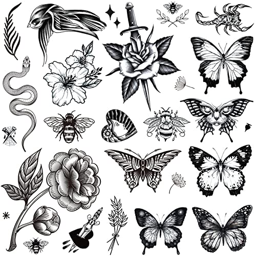 Тазими, 8 Листа, Големи Черни Татуировки за жени, Момичета, Пеперуда, Змия, Пчела, Лястовиче, Цветя, Скорпион,