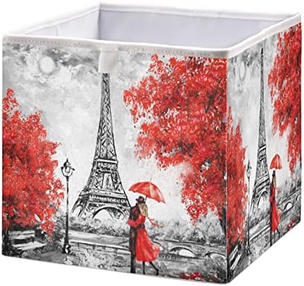 Kigai Реколта Кошница за съхранение в стила на Париж-Айфеловата Кула, 16x11x7 инча, Сгъваеми Тъканни Кутии За Съхранение,