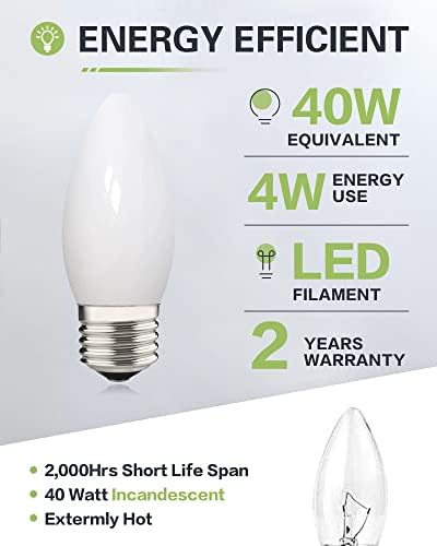Led лампа B11 мощност 40 W, Еквивалент на Мек Бял 3000 До, Млечно бяло Стъкло, 400ЛМ, С регулируема яркост, 4 Лампи E26 Стандартна база за led sconces свещ, 4 опаковки