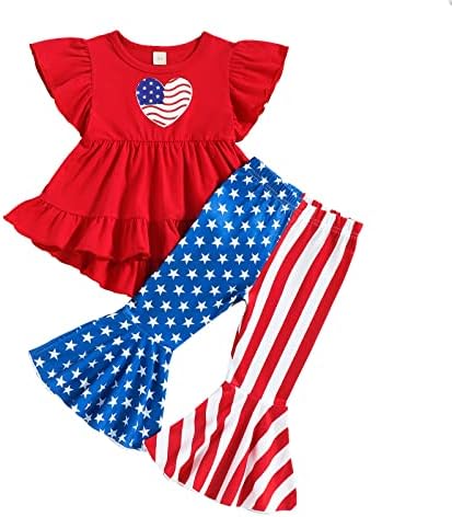 Xbgqasu / Ново Детско одеало, подарък За малките момичета, с дълги ръкави Ден на Независимостта, 4 юли, Риза с къдри, Блузи, Разкроена панталони на райета със Звездите, Об?