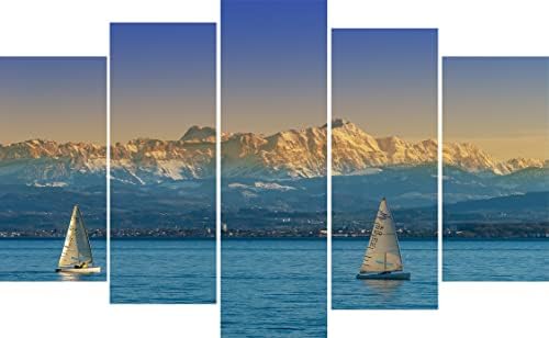 Бели Лодки, Синьо море, Планина, Градски Пейзаж, монтиран на стената Артистичен Интериор, Картина в дървена