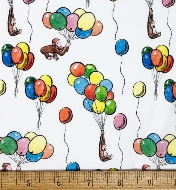 1/2 Ярд - Многоцветни балони Любопитни George Monkey в бялата памучна тъкан (чудесно за капитониране, шиене, занаяти, възглавници и още много Други) 1/2 Ярд x 44