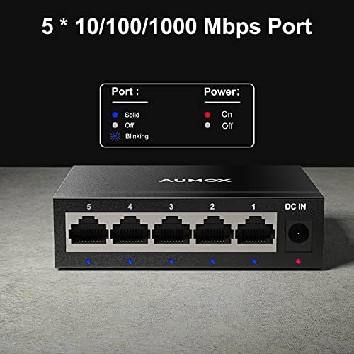 5-Портов Gigabit мрежов комутатор Aumox, Неуправляван Ethernet Switch, Офис Ethernet-Сплитер, Щепсела и да играе, Метален корпус