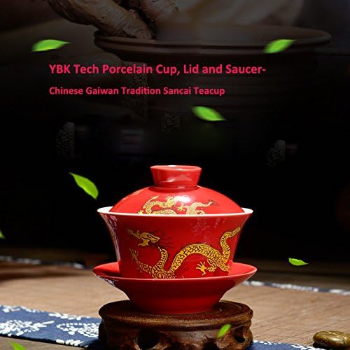 YBK Tech Порцеланова Чаена Чаша кунг-фу и Чиния с капак, Китайската Традиционна Чаена Чаша Gaiwan Sancai, Чай, Определени с Изображение на Дракон (Черен)