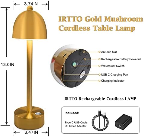 Безжична Настолна Лампа IRTTO Gold Mushroom, захранван с батерии, Настолна Лампа с 3-позиционни клавишни превключватели