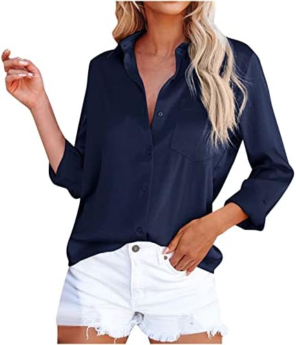 Дамски Елегантни Ежедневни Блузи, Дамски Риза с копчета, с V-образно деколте, Модни Сатен Удобна Тениска, Однотонная