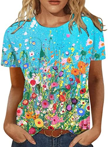 Дамски Летни Блузи, Ежедневни Модни Тениски с Къс Ръкав, Цветен Принт, Сладка Тениска, Модни Тениски с кръгло