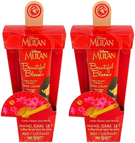MAD Beauty Дисни Mulan 2 опаковката на Комплекта за грижа за ръце с Ветрилообразни Пилочками за нокти | Крем с аромат на Цветето лотос и божур Beautiful Blooms 1,05 течни унции