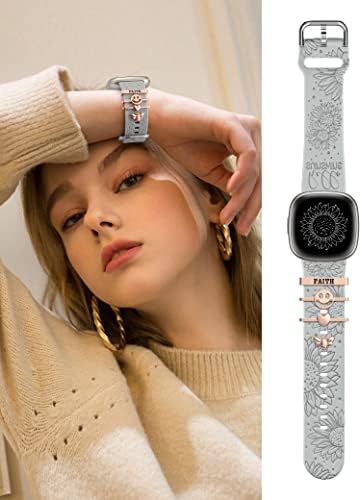 Декоративна Околовръстен контур Minyee, Съвместима с женски каишка Fitbit Versa 4/Versa 3/Sense 2/Sense, Скъпа Мек Силиконов каучук с метални висулки във формата на семе и диаманти за
