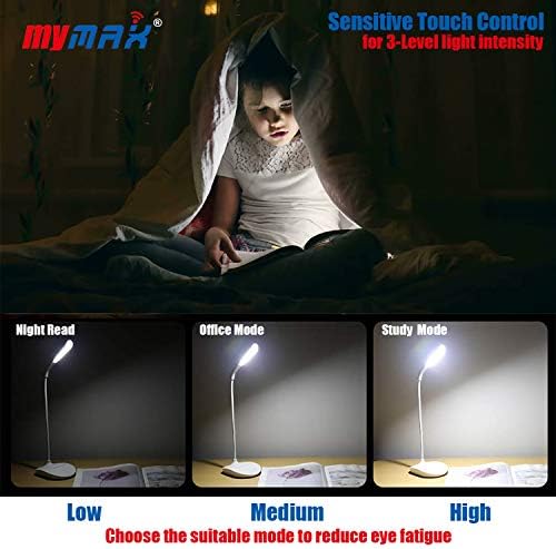 MyMAX 16-Led Мини-Преносим Настолна лампа с USB батерия, гъвкава Гъша шия на 360 °, 3 Нива на яркост, сензорно управление за хотел, офис, спалня (1200 mah, 10000 часа, 6000 К, 350 ЛС, 5 W)