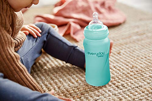 B08NLYMX5TEveryday Baby Healthy + Стъклена бутилка за новородени, от 3 месеца от силиконово покритие и функция на топлинен сензор, включва силиконовата биберон-залъгалка, 240 мл (8 у?