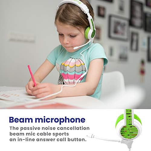 Училищните слушалки ONANOFF BuddyPhones School + Safe Audio за деца, висока производителност, с подвижен кабел BuddyCable, Антиалергичен, с чанта за носене, зелени