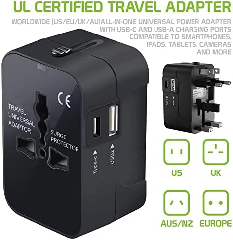 Международен захранващ адаптер USB Travel Plus, съвместима с BLU Dash 5.0 за захранване на 3 устройства по целия свят USB TypeC, USB-A за пътуване между САЩ /ЕС /AUS /NZ/UK / КН (черен)