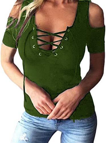 Andongnywell дамски секси тениска с открити рамене, дантела, с къс ръкав, блуза с v-образно деколте, най-отпред,