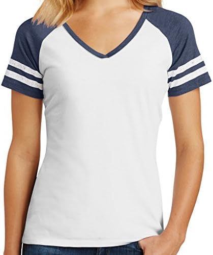 Женска тениска с V-образно деколте, Много Малка, Бяло /Тъмно синьо в клетката