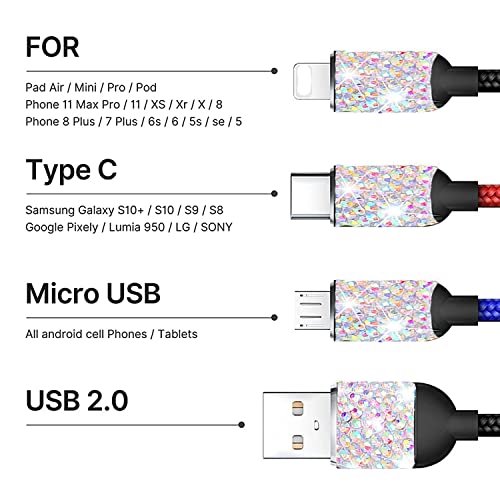 USB кабел за зареждане Bling, Найлонов Кабел за зареждане с украса във вид на кристали 3 в 1, който е Съвместим с Type C/ Android/i-Продукти за жени и Момичета (Разноцветни)
