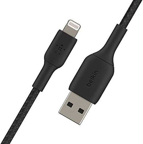 Сплетен кабел Светкавица от Belkin (USB-кабел Boost Charge Lightning за iPhone, iPad, AirPods), Сертифициран Пфи Кабел за зареждане на iPhone, Сплетен кабел Lightning (15 см, черен)