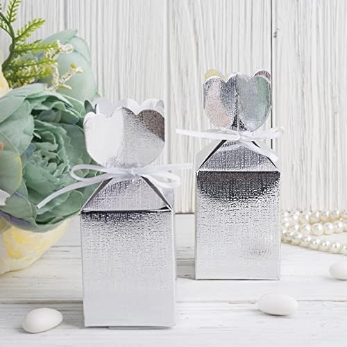 TABLECLOTHSFACTORY 25 Опаковки, Кутии за Подаръци във формата на Сребърна Ваза със Сатенени Панделки Картонени опаковки За Сватбени подаръци