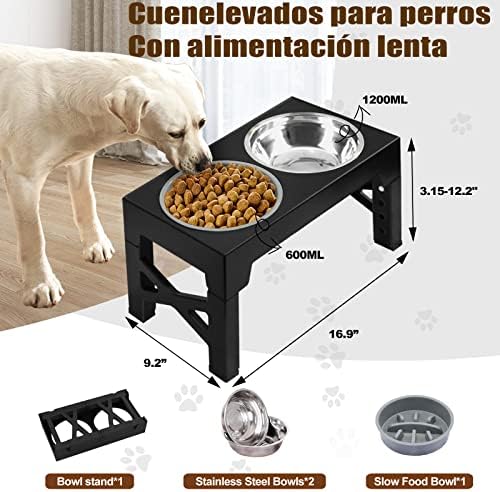 Издигнати купички за кучета SEWIU с бавна сервиране, Поставка за повдигнатите миск за кучета с регулируема височина с мисками за кучешка храна от неръждаема стомана,