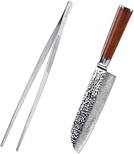 MSY BIGSUNNY 12-инчов Хранително-вкусовата Пинсети + 7-инчов нож Сантоку 67 слоеве Дамасской стомана