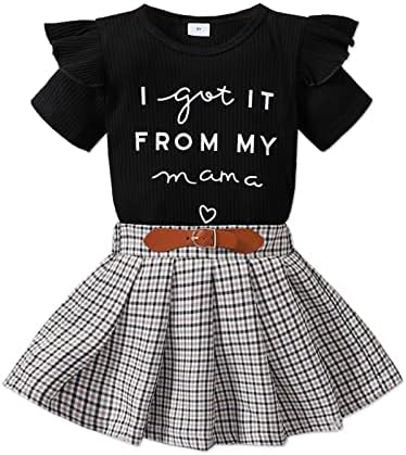 PATPAT / Комплект от 2 теми за малките момичета, Модна тениска с дълги ръкави в рубчик с волани и пола на копчета в клетката