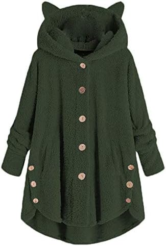 Andongnywell/ Дамски Блузи с дълъг ръкав и кошачьими уши, Пуловер, Руното hoody, Обикновена палто копчета (Армейски зелен, 5 големи размери)