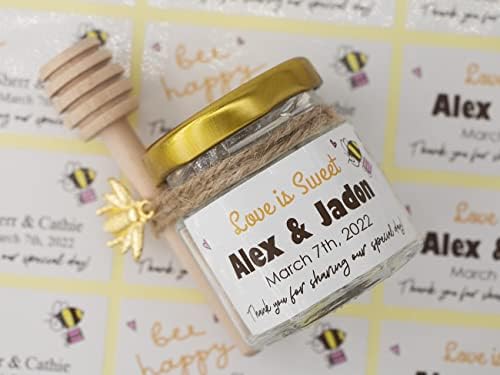 Комплект от 24 Персонализирани Стикери Bee Happy Thank You за Булчински Душ Младоженци, Сладък Акварел Модел Пчелите и