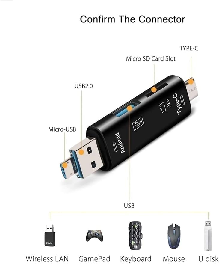 Мултифункционален четец на карти 5 в 1, е Съвместима с Samsung Galaxy Tab S5e, Galaxy Tab S6 е оборудван с устройство за четене на карти USB Type-C / microUSB /Tf / USB 2.0 / SD (черен)