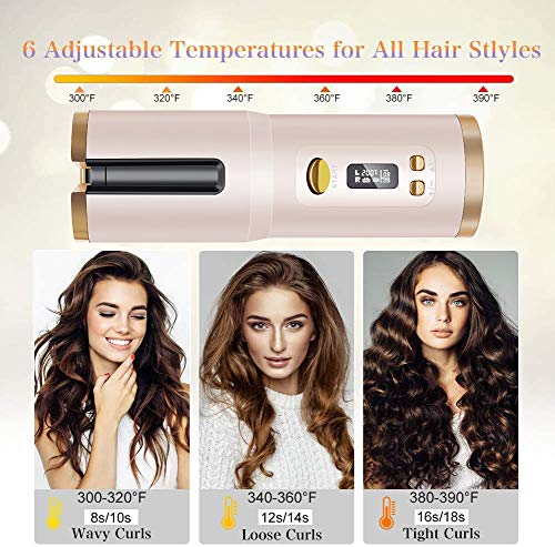 Маша за коса SEVNODI, Безжични Автоматично, Преносима Керамични Буре с 6 Настройки на температурата и LCD таймер, Бързо Загряване за Стайлинг на Коса, Злато, сребро