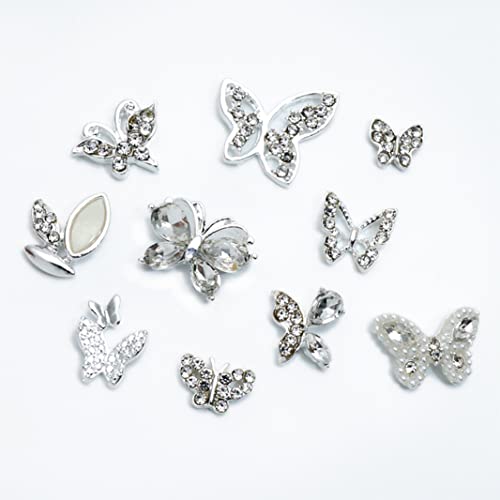 JERCLITY 20 Броя 3D Сребърни висулки с пеперуди за нокти, окачване с пеперуди за нокти, 3D Кристали за нокти с пеперуди за акрилни нокти, скъпоценни камъни за нокти с пеперу