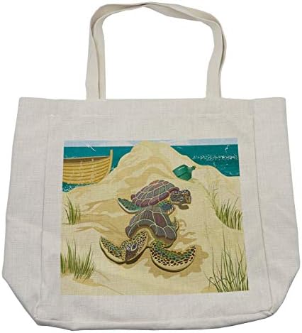 Пазарска чанта Ambesonne Turtle, Снимка 2 морски Костенурки на Летния Пясъчен плаж, Лодка, Бутилка с Трева, Дългогодишна