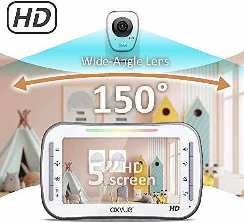 Видеоняня Axvue HD качество на изображението и 720P HD 5.0 IPS екран на монитора и 2 камери, обхват на действие до 1000 метра, 24 часа живот на батерията, двупосочен разговор, разд