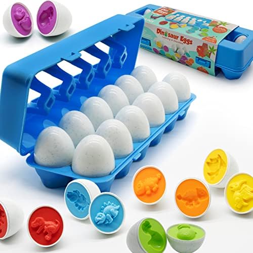 MOONTOY 12 бр. Еднакви Яйца за деца, Разпознаване на цветове и форми, Забавни Играчки за предучилищно обучение + 12 бр. Еднакви Яйца от Динозавър за деца
