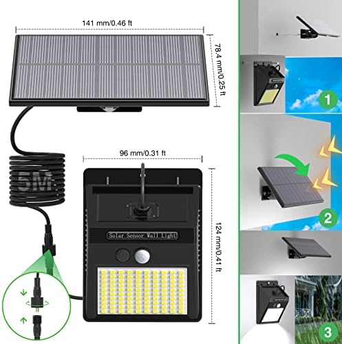 LOTMOS Слънчеви Външни светлини с отделна слънчев панел, IP65 Водоустойчив Сензор за движение Външни Светлини с кабел с дължина 16,4 фута, 3 Режима на Слънчевата светлина ?